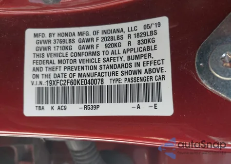 2019 Honda Civic Lx from USA, damaged, VIN 19XFC2F60KE040078